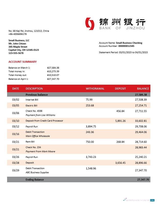 Download Bank of Jinzhou organization account statement Word and PDF template Photoshop template